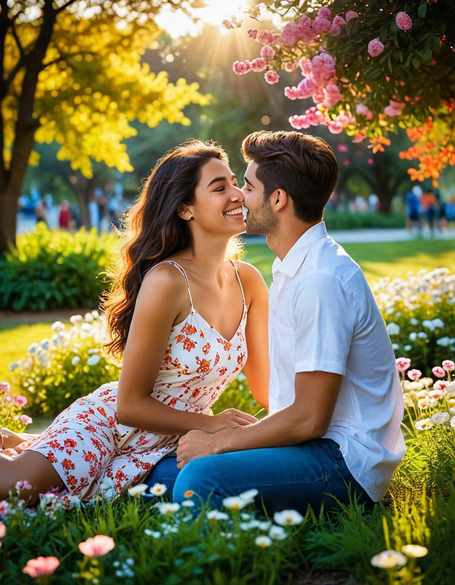 A heartwarming scene of two friends sharing a joyful moment in a vibrant park, surrounded by blooming flowers and soft sunlight. Their expressions of affection and laughter highlight the warmth of their relationship, while subtle hints of romance can be seen in their body language. In the background, a dreamy sunset casts a golden hue, adding a magical touch. artistic realism. vibrant colors. soft focus.