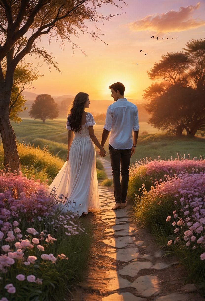A dreamy sunset scene depicting two friends transforming into lovers, intertwined hands reflecting a deep bond. In the foreground, soft petals represent cherished memories, while a pathway leads into a vibrant horizon symbolizing their journey. Gentle heart motifs float in the air, adding warmth to the atmosphere. super-realistic. warm colors. ethereal background.