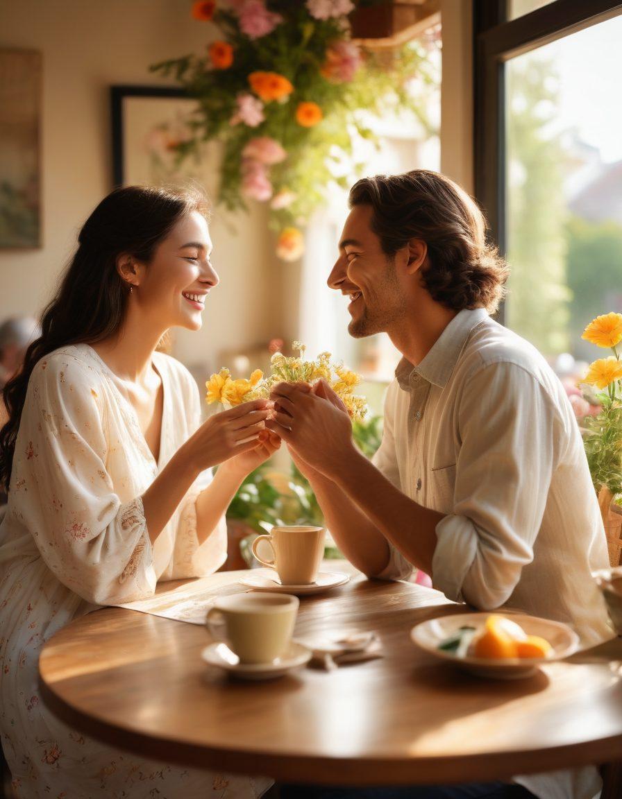 A heartwarming scene of friends laughing and sharing moments at a cozy café, surrounded by blooming flowers symbolizing love and friendship. Warm sunlight softly illuminating their faces, capturing the joy and bond between them. The background includes gentle hints of romance, like a soft-focus couple holding hands. Emphasize a dreamy atmosphere with vibrant colors and soft brushstrokes. painting. vibrant colors. warm tones.